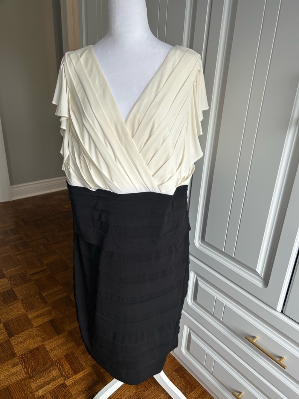 Michel Antoni Two-Tone Ivory and Black Pleated Midi Dress